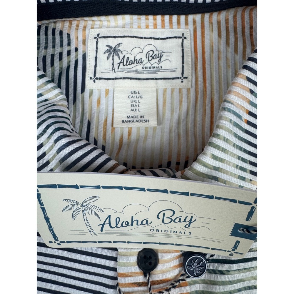 Aloha Bay Mens Large Floral Striped Textured Knit Button Down Shirt Navy New - Picture 5 of 13